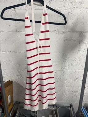 White Knit Halter Dress with Red Stripes Super Cute Summer Dress Size XS